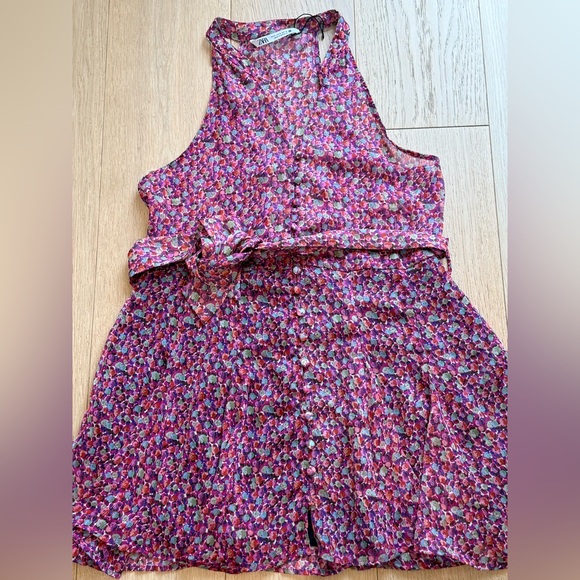ZARA Floral Tie Waist Mini Dress Pink Multicolor Romantic - Picture 7 of 10